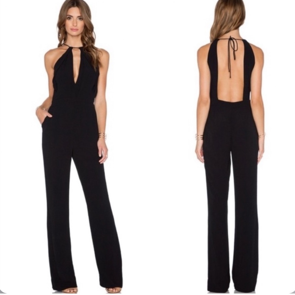 Diane Von Furstenberg Black Halter Tie-Back Wide-Leg Jumpsuit
